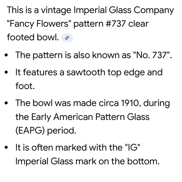 Vintage Imperial Glass Company
"Fancy Flowers" pattern #737 clear footed bowl - Picture 14 of 14